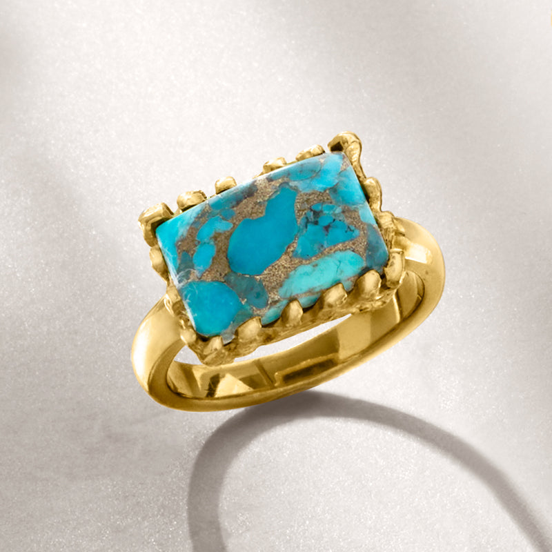 Rectangular turquoise gemstone ring with textured gold bezel, close-up side profile