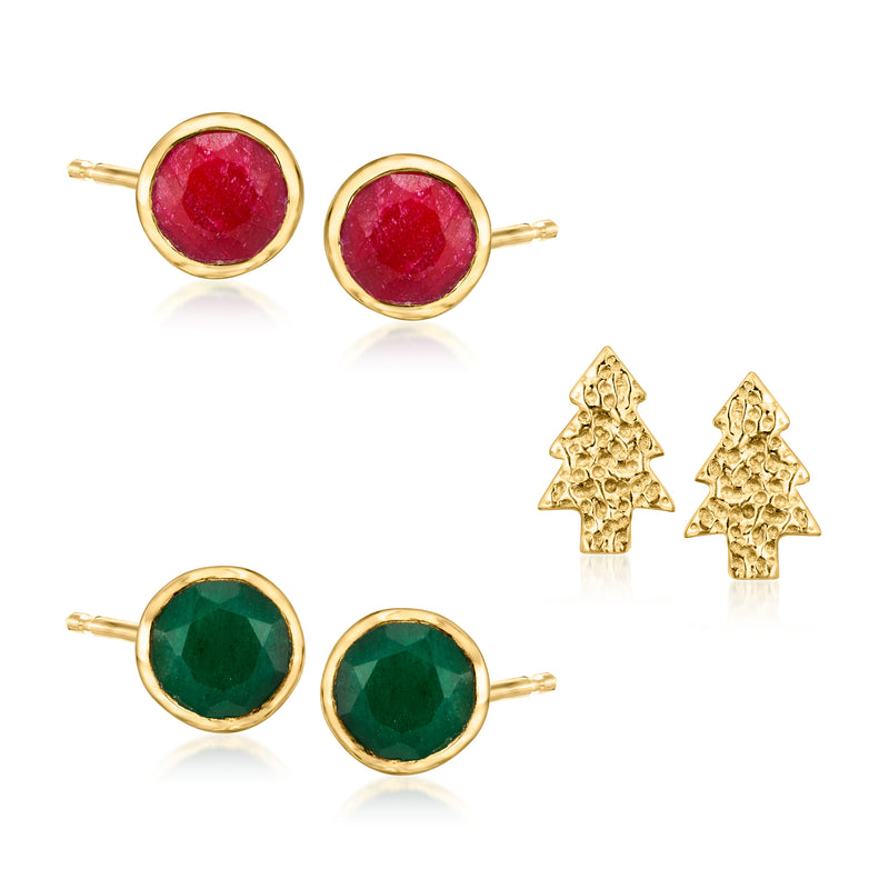 Gold-over-sterling earring set: 3 pairs of post studs, red ruby, green emerald, tree