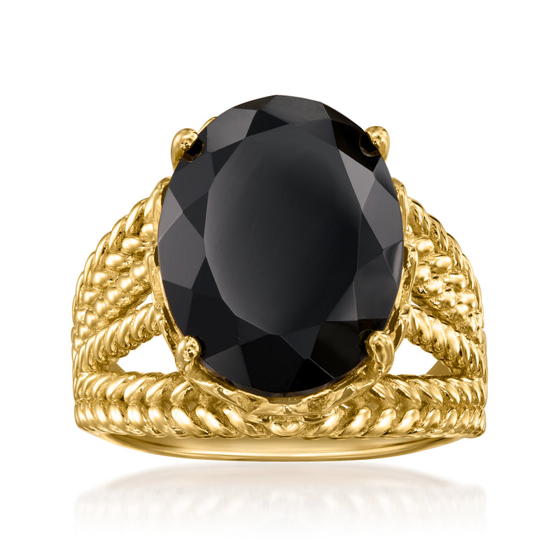Onyx roped ring in 18k gold over sterling, oval faceted black stone, twisted rope band