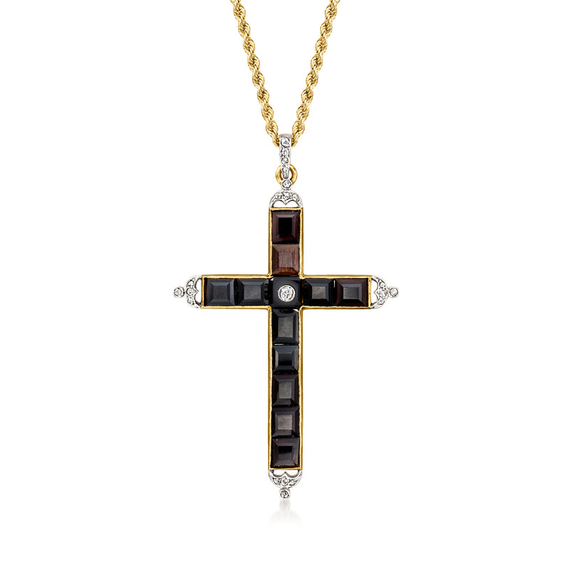 18k yellow gold cross pendant necklace with onyx inlays and small diamond accents