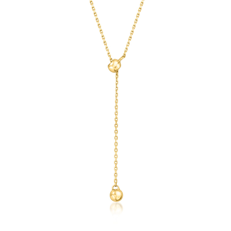 10kt yellow gold lariat-style necklace with two round bead drops on a Y chain