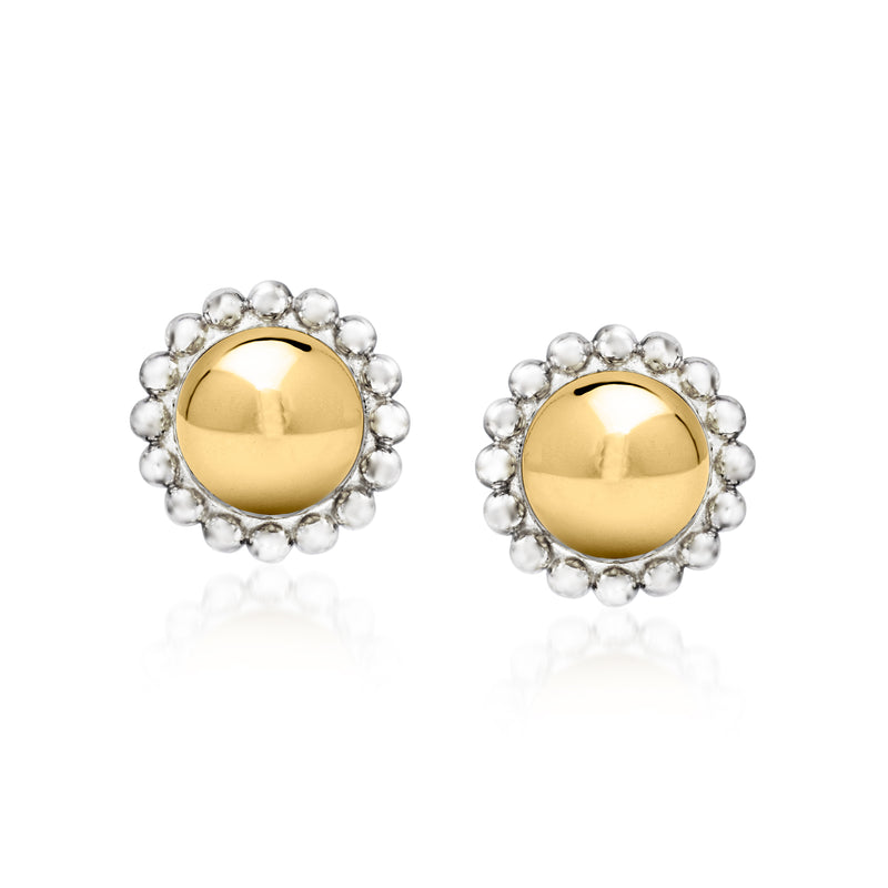 Yellow gold bead stud earrings with sterling silver bead halo