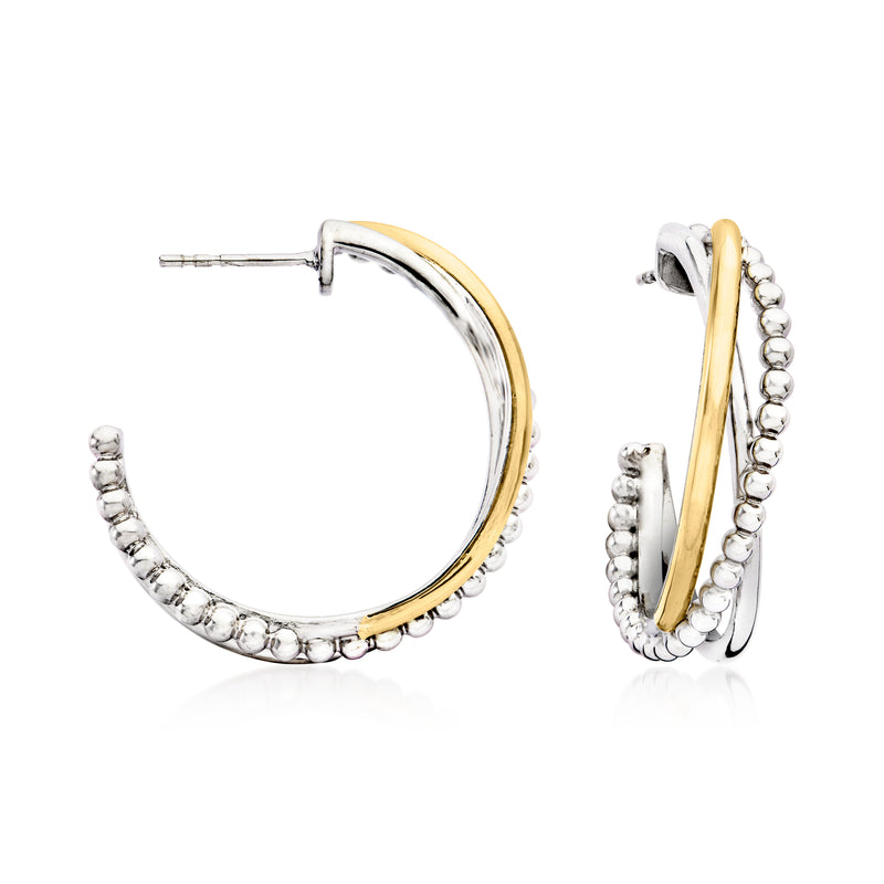 Sterling silver hoop earrings with yellow gold inlay and bead crisscross design