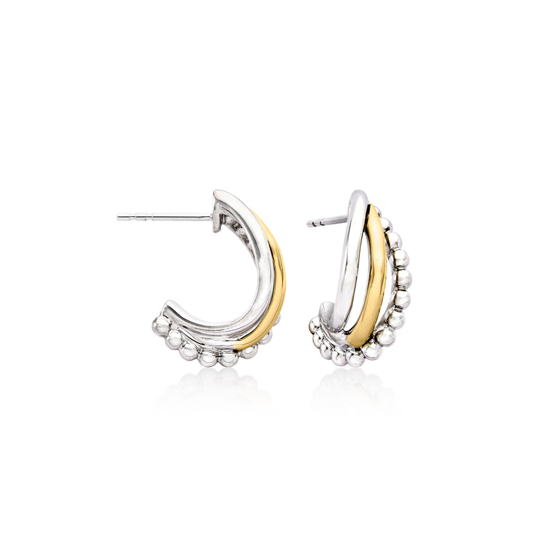 Sterling silver and 14kt yellow gold crisscross hoop earrings with beaded detailing