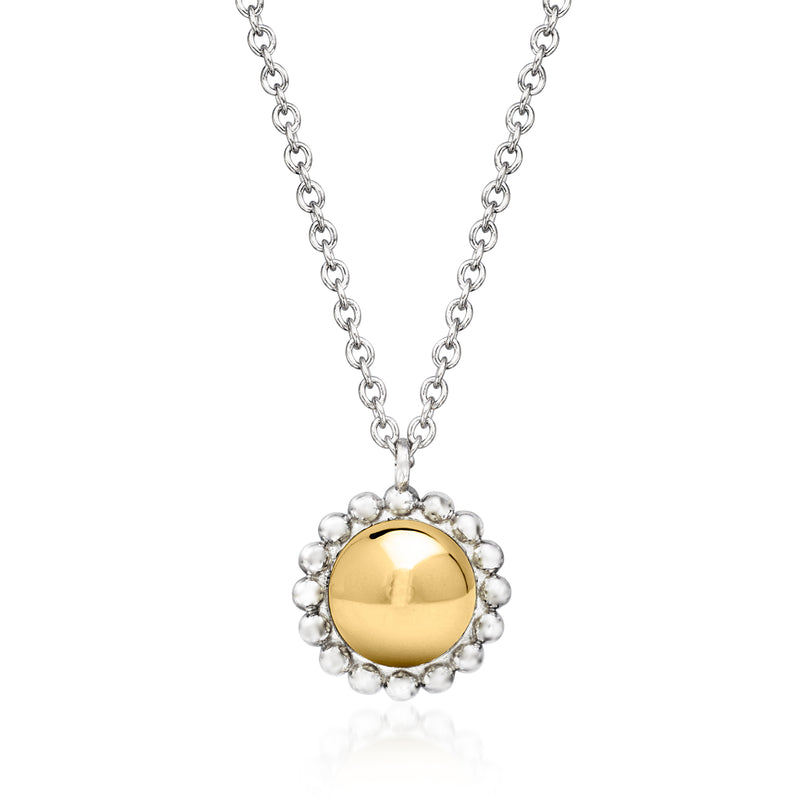 Sterling silver chain with round 14kt yellow gold bead pendant in beaded halo