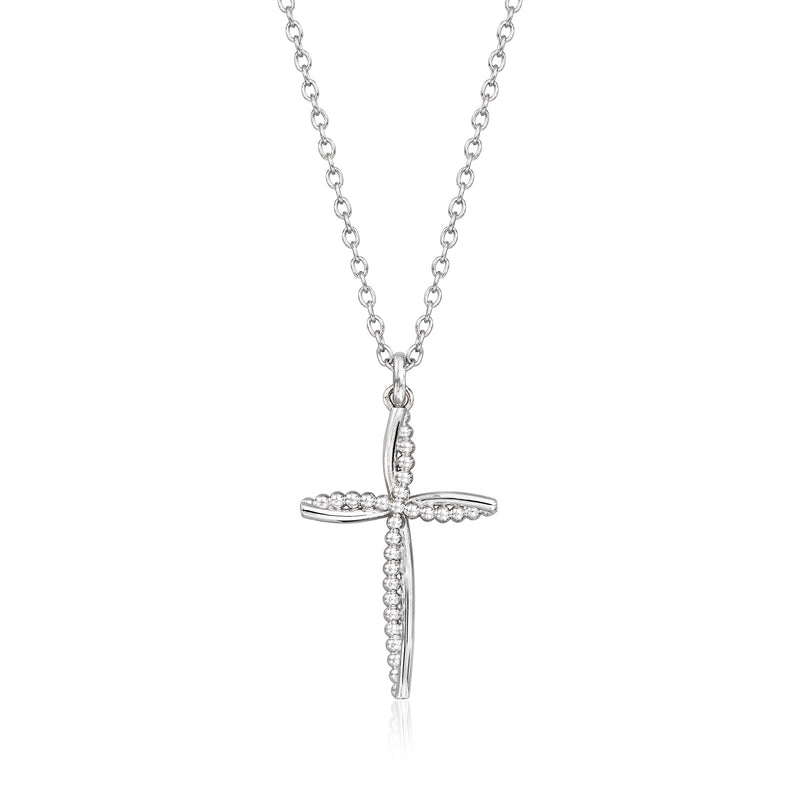 Sterling silver bead cross pendant necklace with thin chain and small crucifix charm