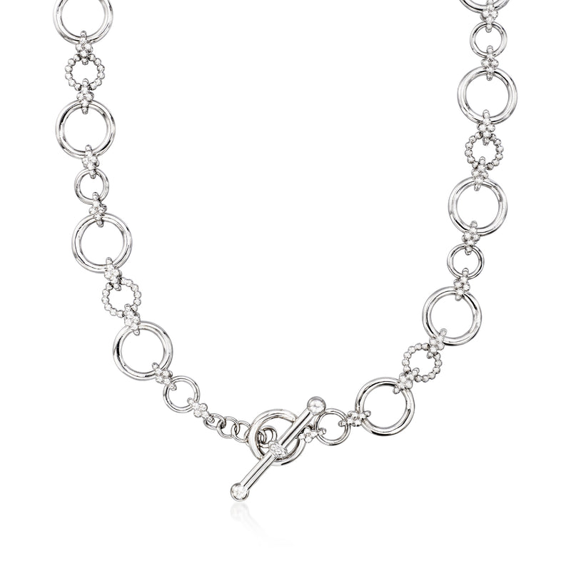 Sterling silver circle-link toggle necklace with round links and bead-like accents