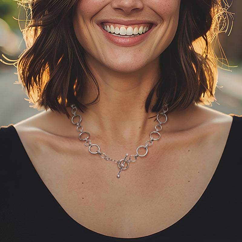 Sterling silver circle-link toggle necklace with round links and toggle clasp