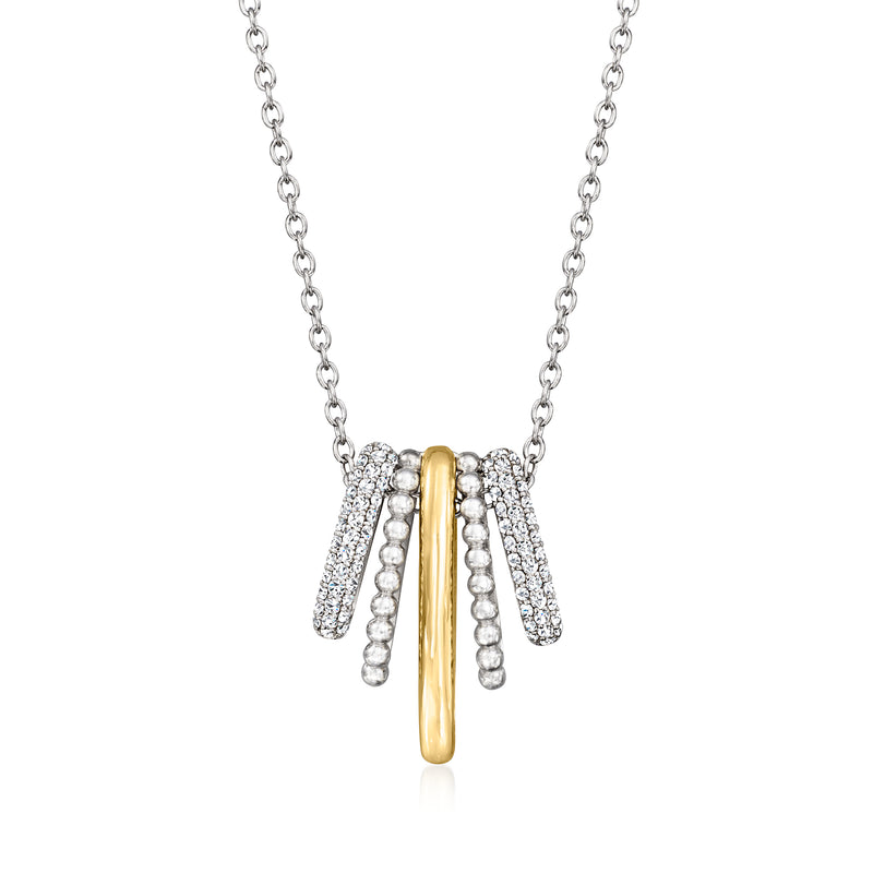 Sterling silver necklace with white sapphire drops and 14kt yellow gold bar