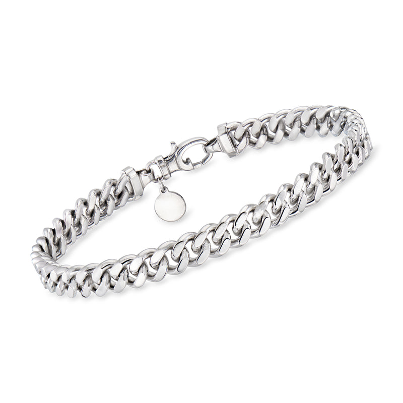 Sterling silver Cuban-link bracelet with lobster clasp and round ID charm