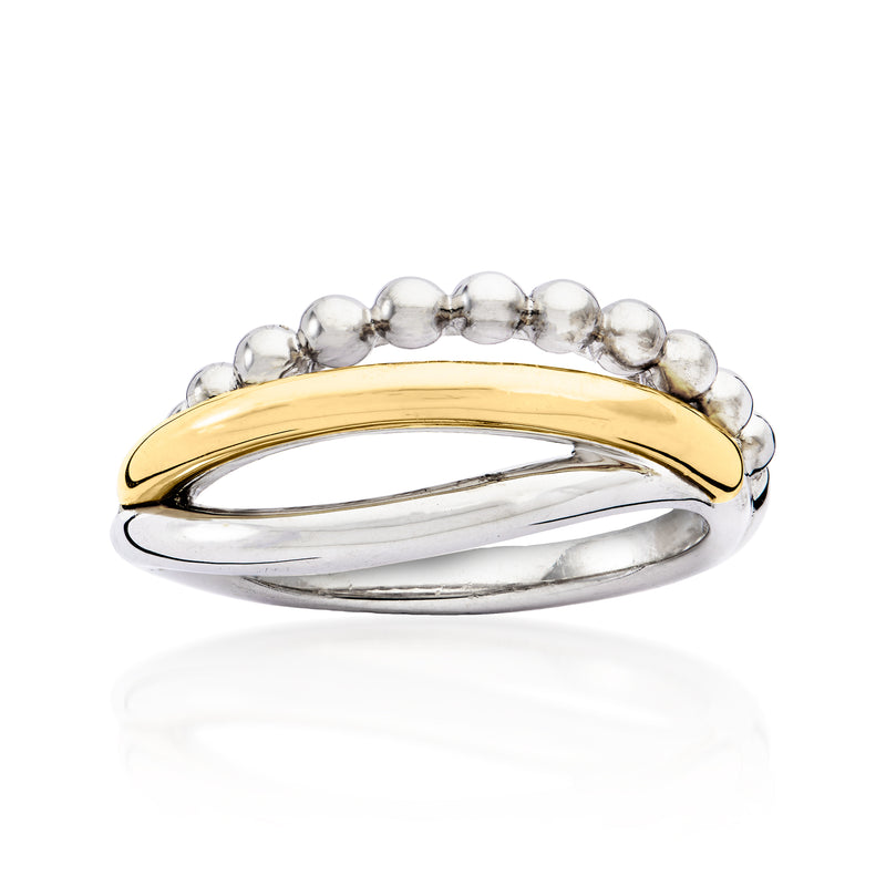 Crisscross sterling silver ring with 14kt yellow gold top and rounded bezel