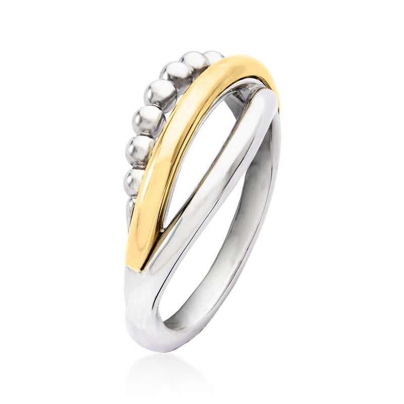 Sterling silver crisscross ring with yellow gold inlay and glossy bezel