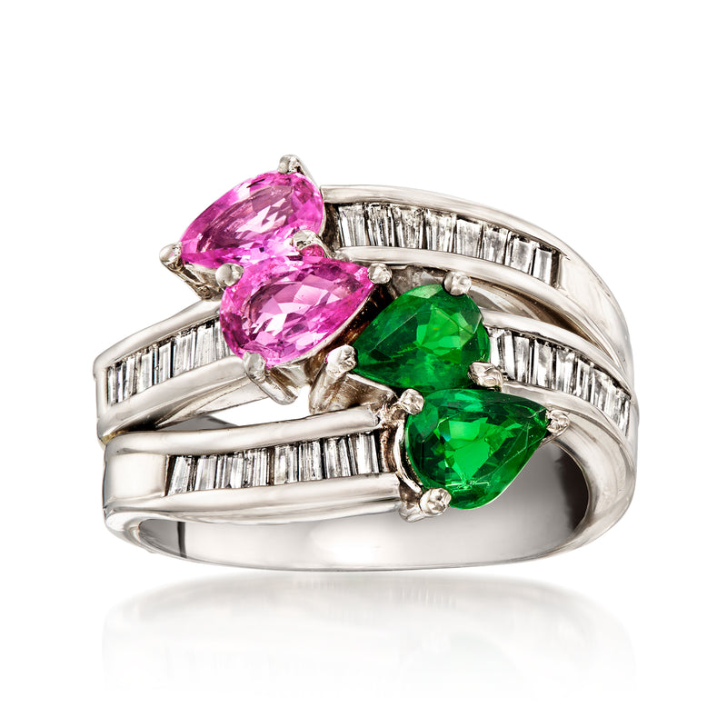 Platinum ring with pink and green gemstones and baguette diamond accents