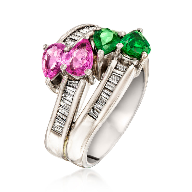 Platinum multi-gemstone ring with two pink and green stones, framed by baguette diamonds