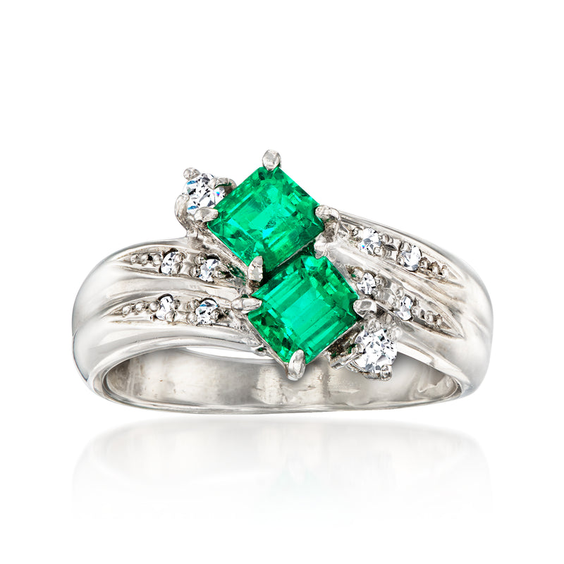 Platinum vintage emerald-cut green gemstone ring with diamond accents, size 6