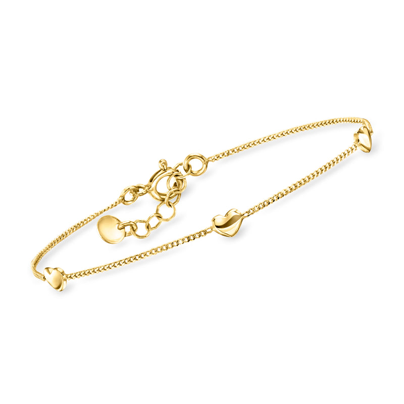 18kt gold vermeil heart station bracelet with small heart charms and spring-ring clasp