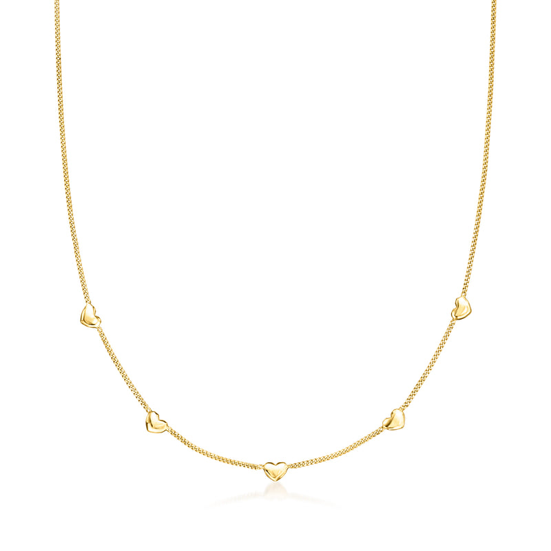 Gold vermeil heart station necklace with mini heart links along a fine chain