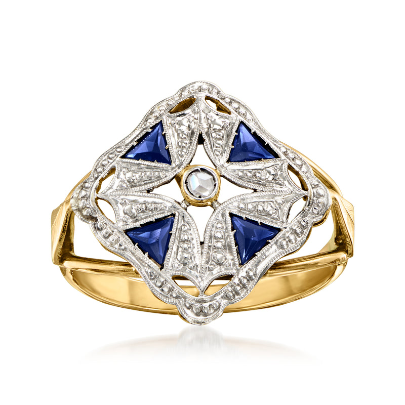 Vintage art-deco style ring with blue synthetic sapphire and round center stone in gold
