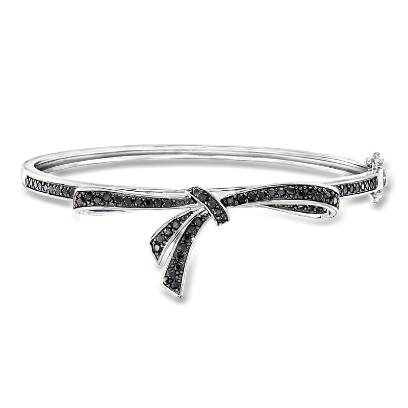 Sterling silver bow bangle bracelet with black stones, ribbon-style bow
