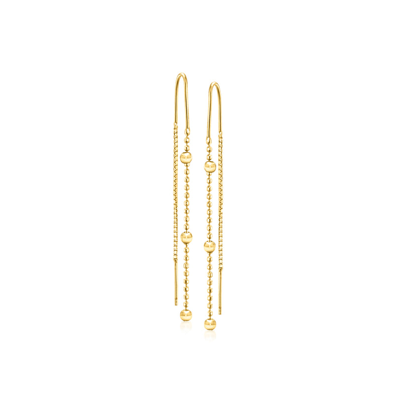 Gold vermeil threader earrings with pearl-like bead strands and small drop beads