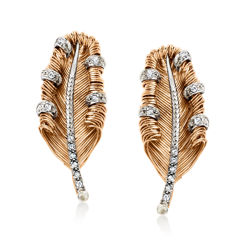 Vintage 18k yellow gold feather clip-on earrings with diamond-like accents, 2-tone design