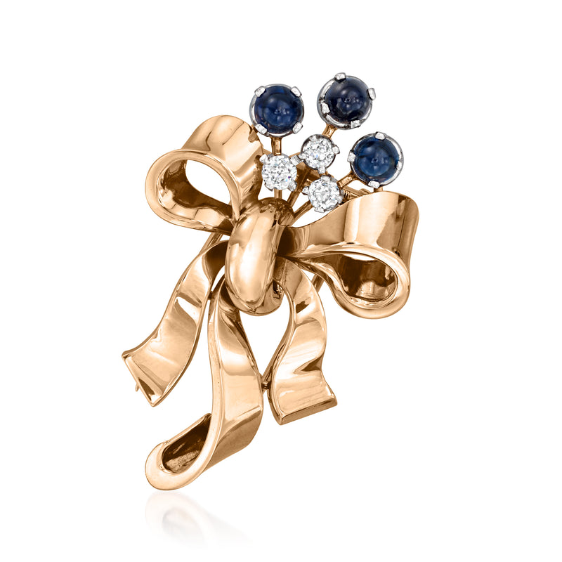 18k yellow gold bow pin with blue sapphire rounds and white diamond clusters