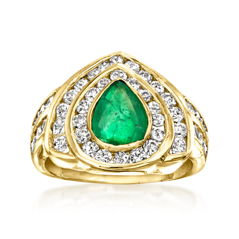 14kt yellow gold ring with emerald teardrop center and diamond halo, vintage style