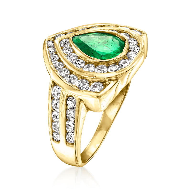 14kt yellow gold emerald and diamond ring, openwork gallery with vertical diamond accents
