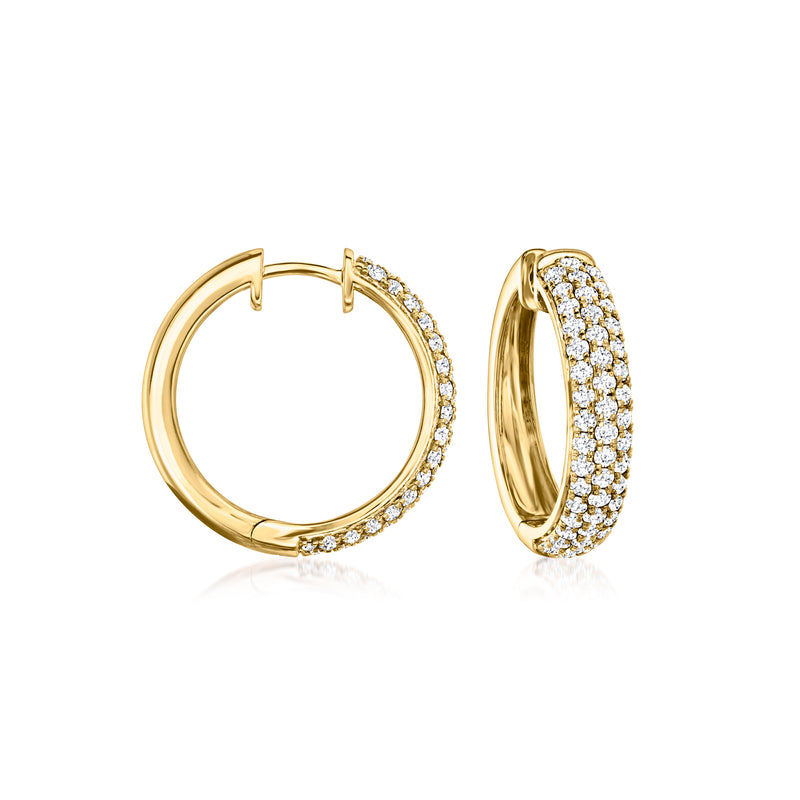 14kt yellow gold pave diamond hoop earrings, round hoops with glittering stones