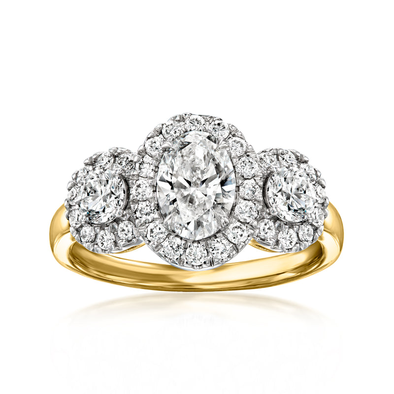 14kt yellow gold ring with oval lab-grown diamond center and round halo of diamonds