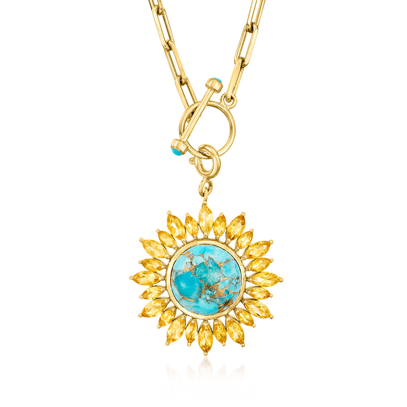 Gold sunflower toggle necklace with turquoise center stone and glittering yellow petals