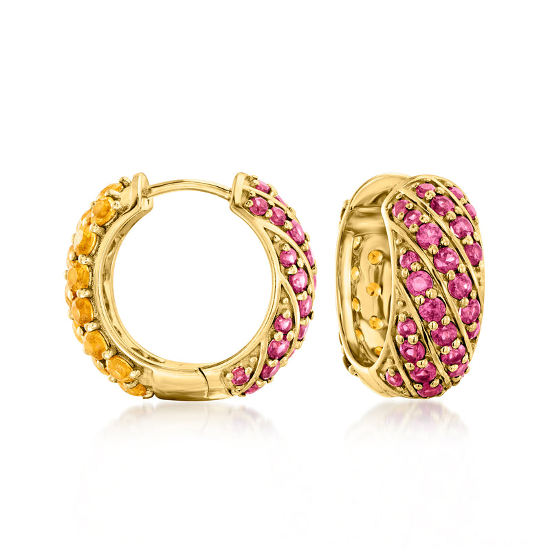 Reversible gold hoop earrings with citrine and rhodolite garnet