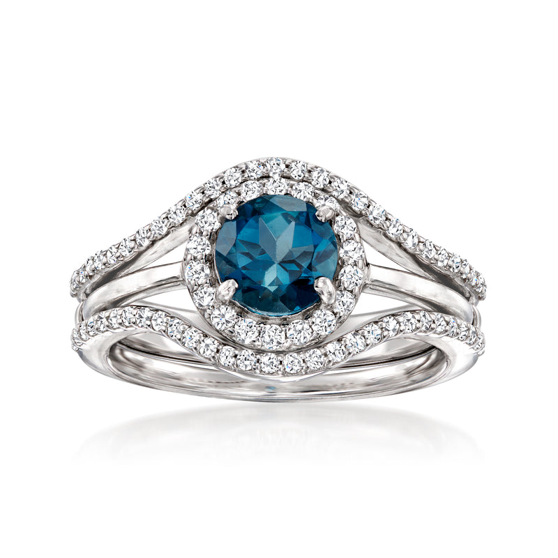 Sterling silver ring with oval London blue gemstone and white topaz halo, with guard