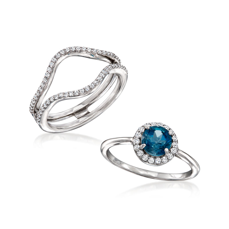 Sterling silver ring set: oval blue gemstone halo ring with matching white stone guard