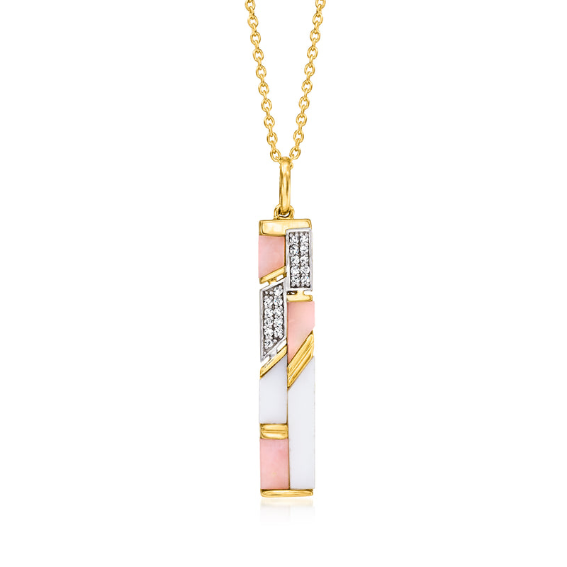 Pink and white opal bar pendant necklace with white topaz in gold over sterling