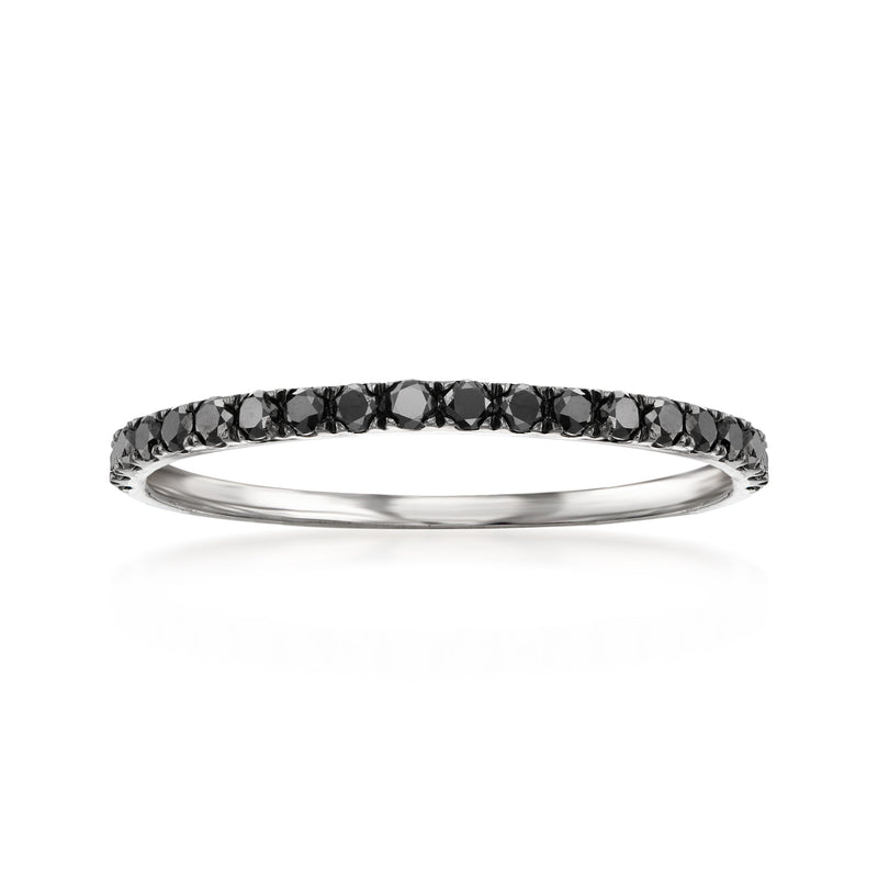 Sterling silver ring with a band of black diamonds, round stones across the top