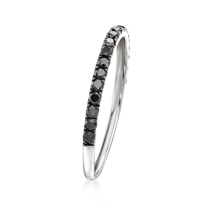 Sterling silver black diamond ring, curved side view with black stone channel setting