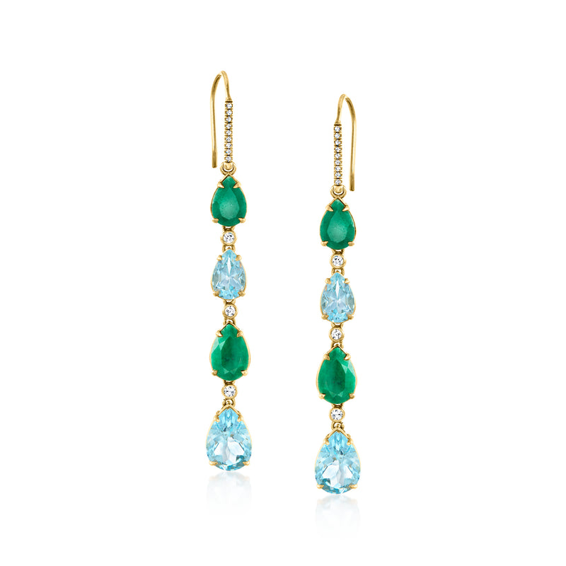 Gold drop earrings with emerald-green and sky-blue gemstones, earwire hooks