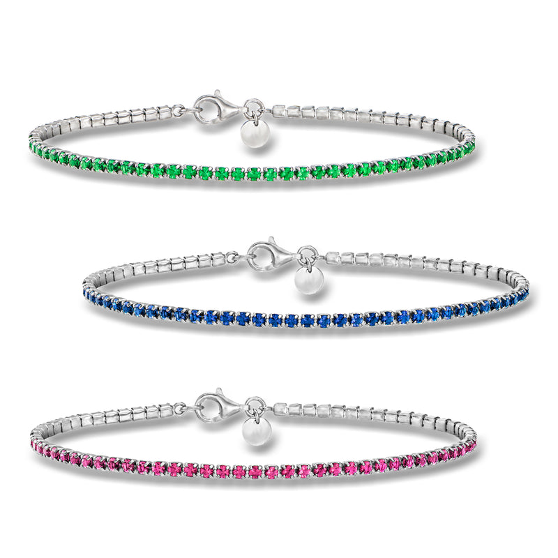 Sterling silver tennis bracelet set with green, blue and pink simulated gemstones, three-strand