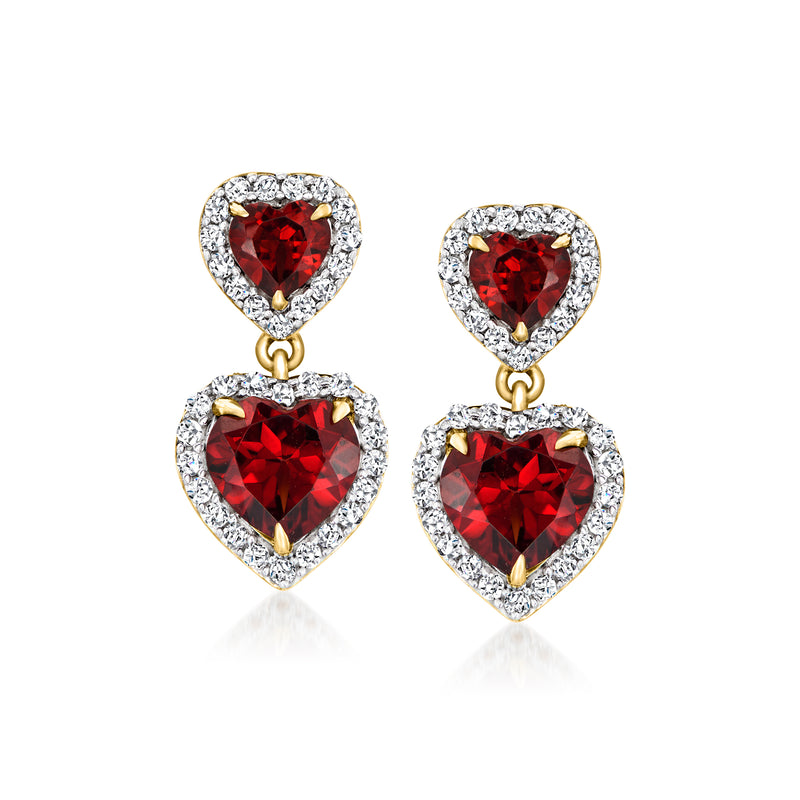 Gold-tone heart drop earrings with red gemstones and clear crystal accents