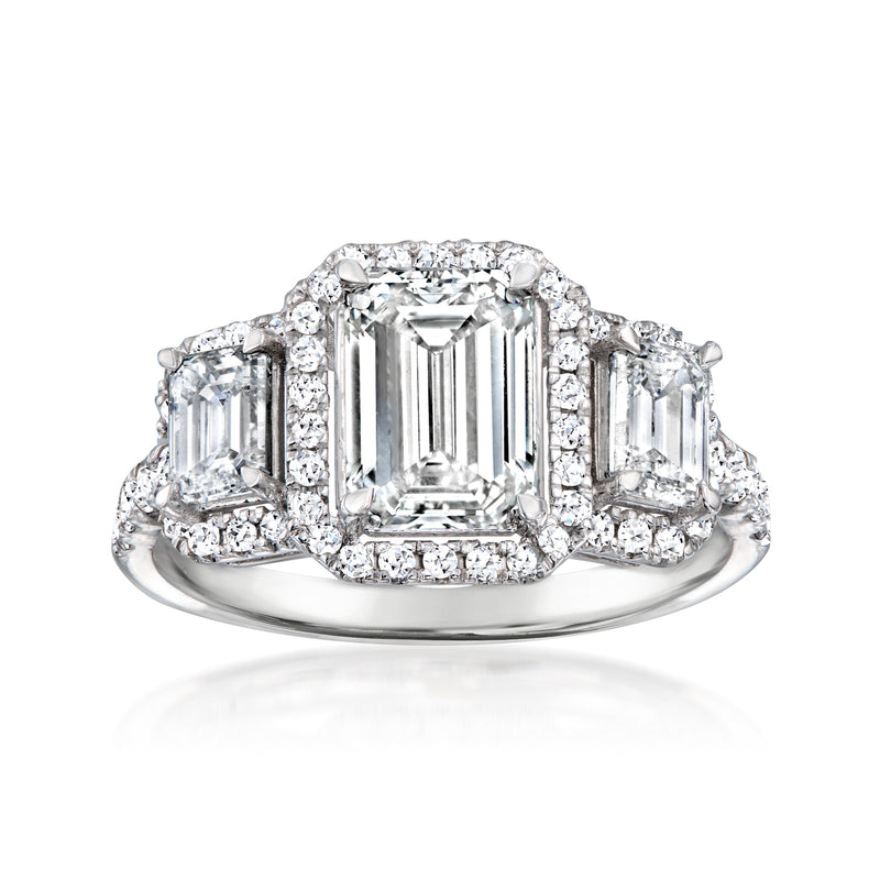 14kt white gold lab-grown diamond ring with emerald-cut center and halo