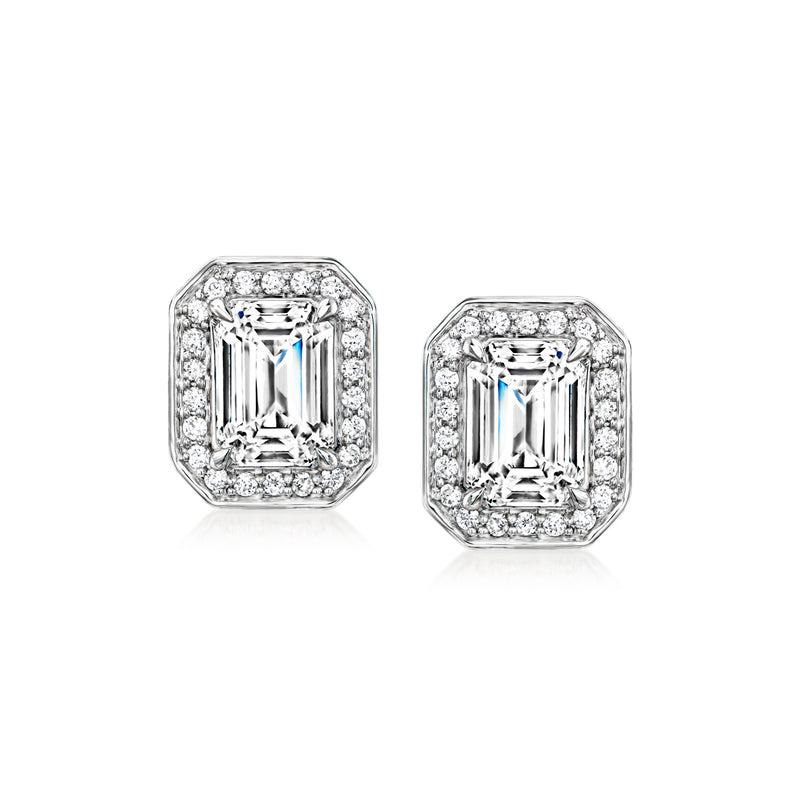 14kt white gold diamond stud earrings with square halo and emerald-cut center