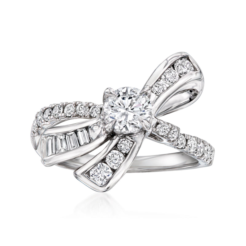 14kt white gold bow ring with lab-grown diamond center and baguette accents