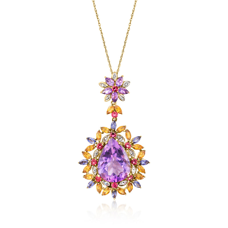 10kt yellow gold drop pendant necklace with purple gemstone teardrop and floral clusters
