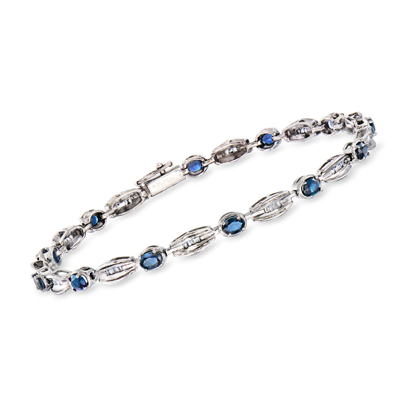 Vintage sapphire and diamond bracelet in 10kt white gold, blue stones in linked settings