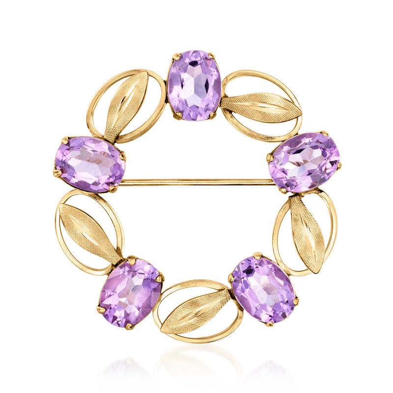 14kt yellow gold amethyst circle pin with purple oval gemstones and leaf-like settings