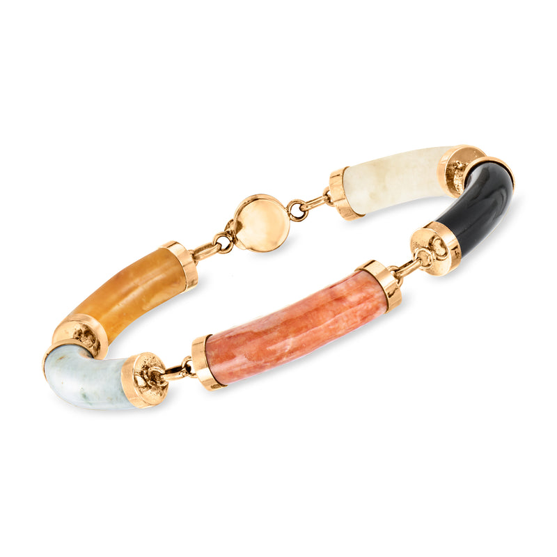 Multicolored jade bracelet in 14kt yellow gold with linked jade in orange, red, black, white