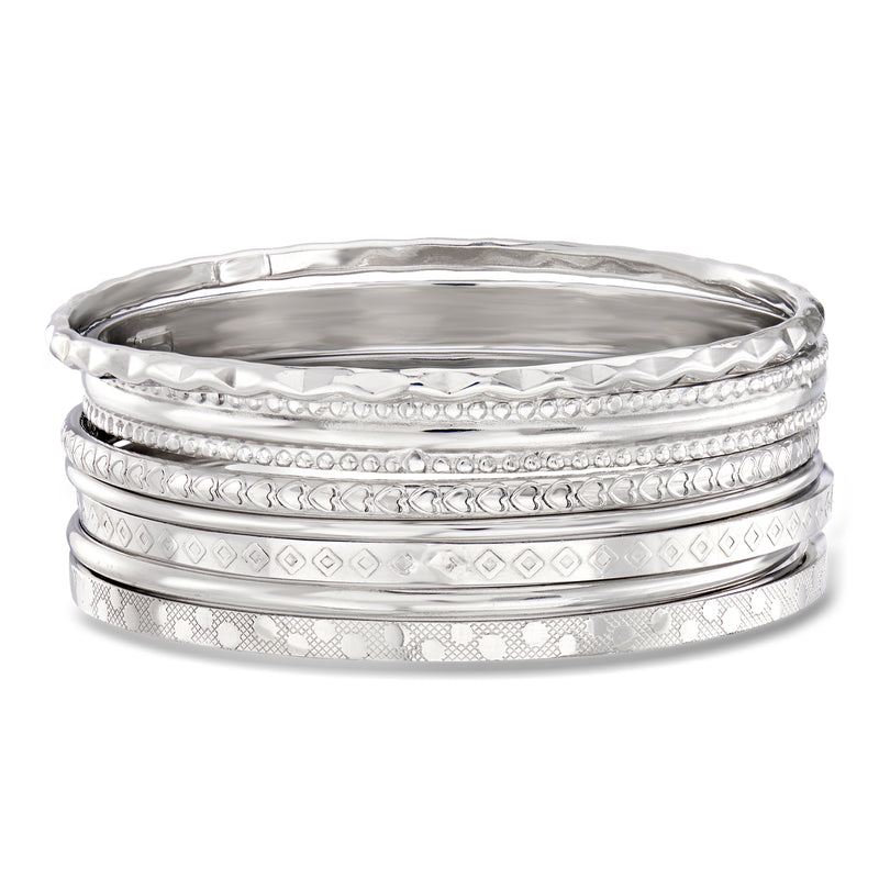 Sterling silver textured bangle bracelet set with assorted patterned bands, stacked