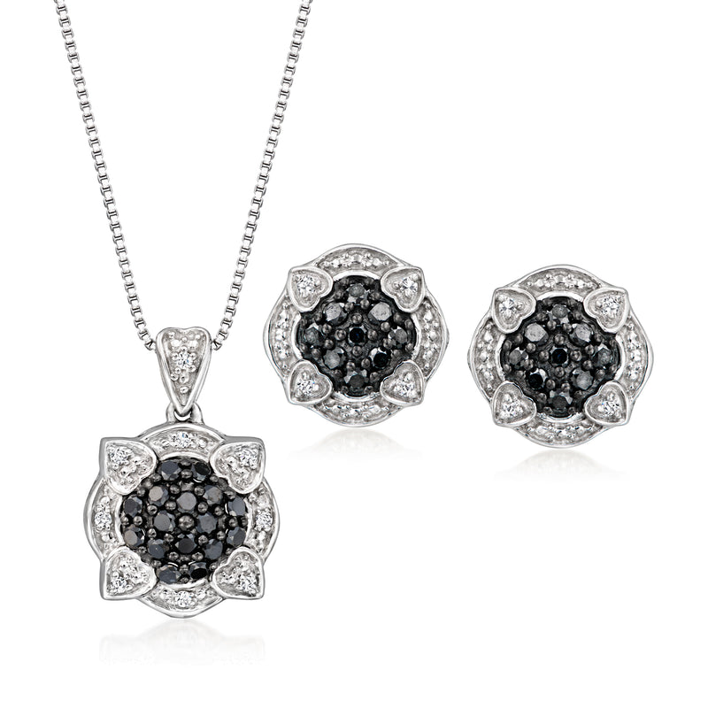 Sterling silver diamond set: black and white round cluster pendant and stud earrings