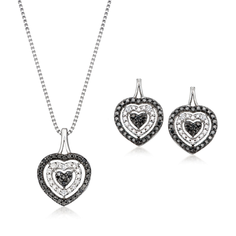 Sterling silver heart diamond pendant necklace and earrings set, black and white